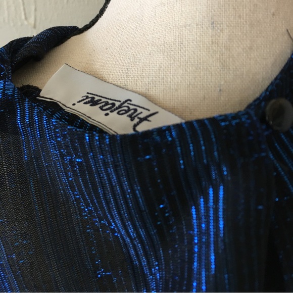 Vintage 80s Frejani Formal Sheer Blouse Top Black Blue Metallic Stripe XL - Picture 5 of 6
